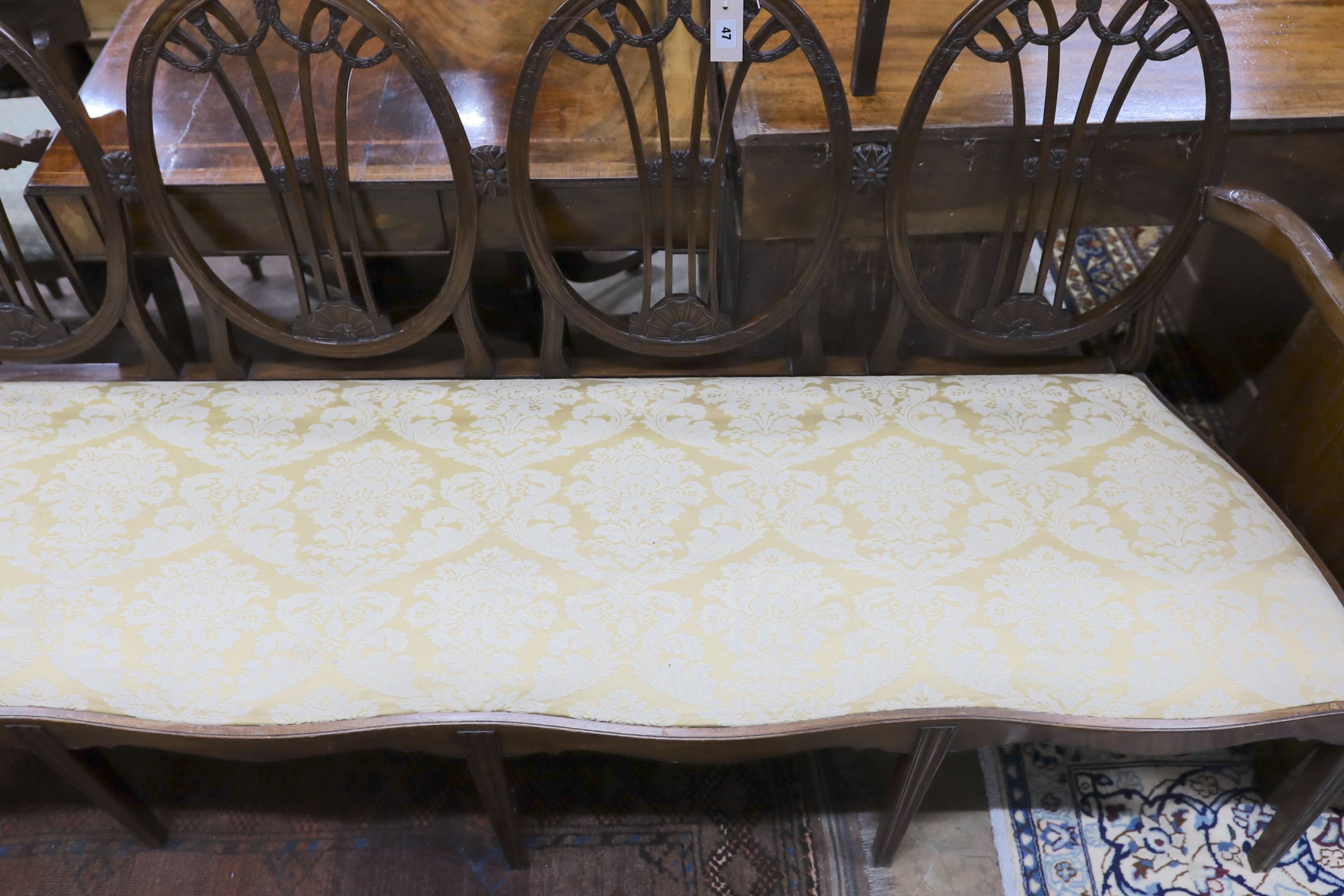 An early 20th century Hepplewhite style mahogany chair back settee, length 204cm, depth 56cm, height 98cm